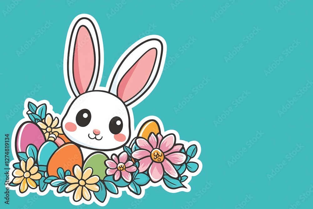 Obraz premium Whimsical Bunny with Colorful Flowers and Easter Eggs - Cartoon Sticker Illustration