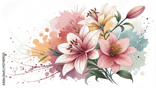 Elegant watercolor floral illustration featuring soft pink and peach lilies with artistic paint splashes on a white background. Ideal for wedding invitations, greeting cards, and decorative prints.