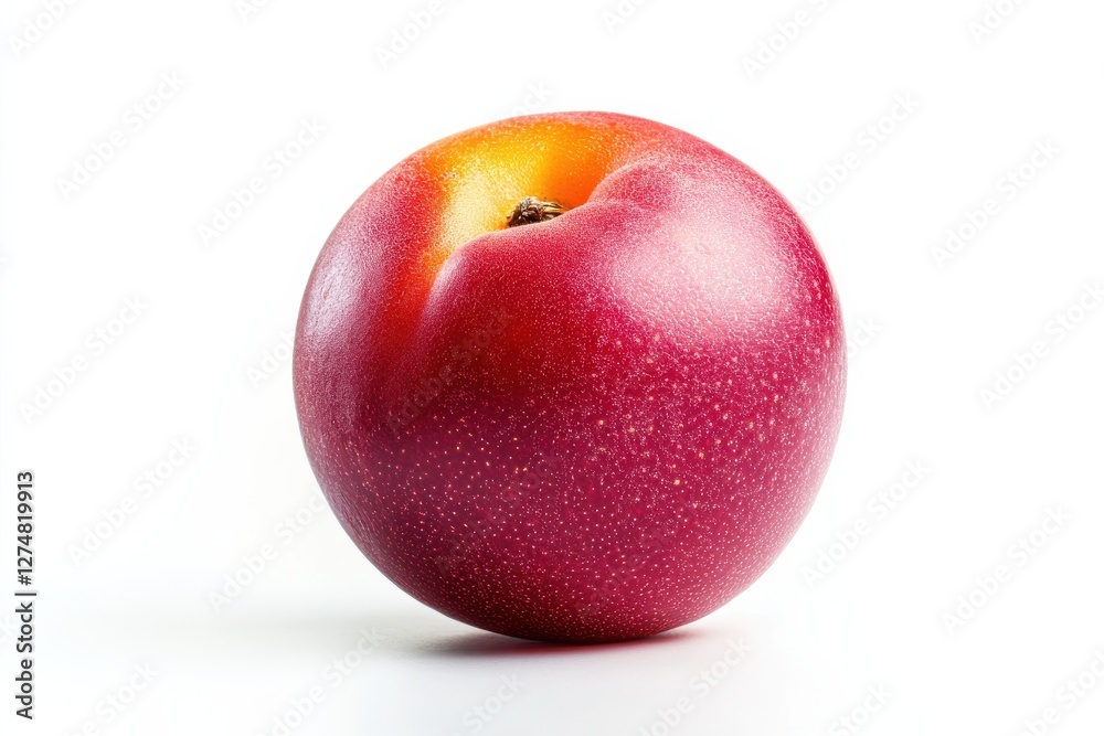 A vibrant red plum resting on a white background, showcasing its smooth skin and natural shine isolated on transparent background A vibrant red plum resting on a white background, showcasing its smooth skin and natural shine isolated on transparent background