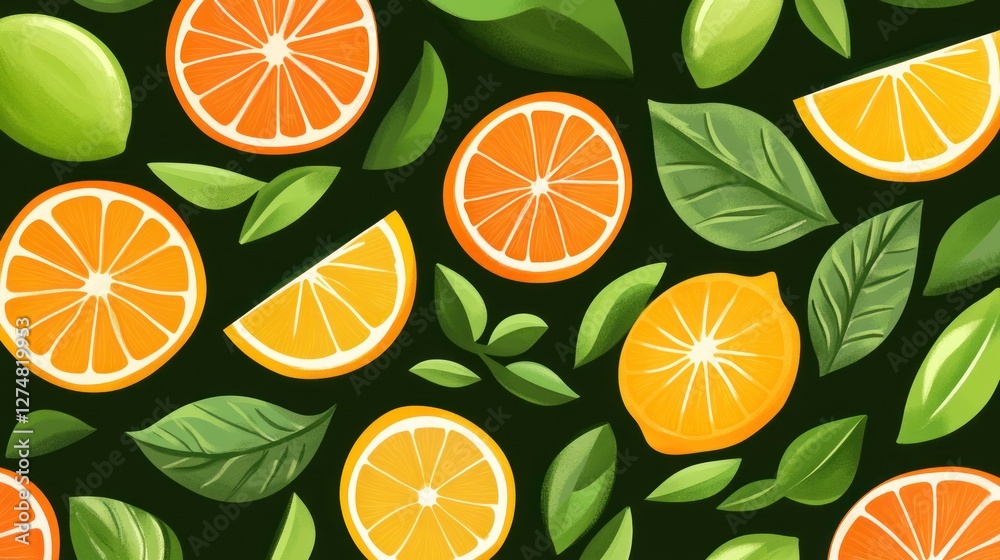 Vibrant Citrus Fruit Pattern Background with Green Leaves Vibrant Citrus Fruit Pattern Background with Green Leaves
