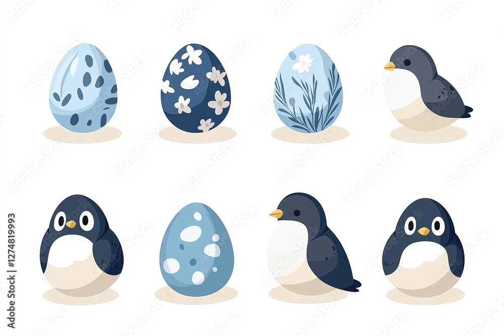 Obraz premium Adorable Cartoon Penguins and Decorative Add Eggs in Blue Tones