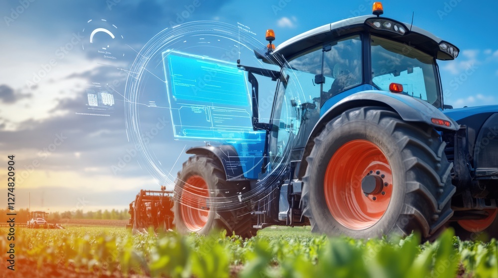 Fototapeta premium Innovative farming technology revolutionizes agriculture with smart tractors rural fields digital innovations outdoor environment agricultural perspective