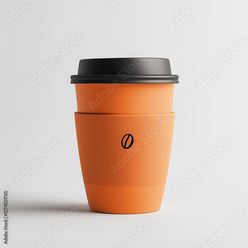 Moderne orangefarbene Kaffeetasse mit schwarzem Deckel und Logo

 photo