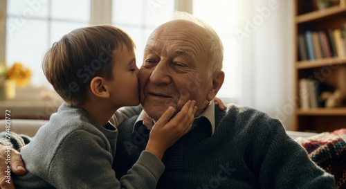 Loving moment between caucasian elderly man and young boy at home