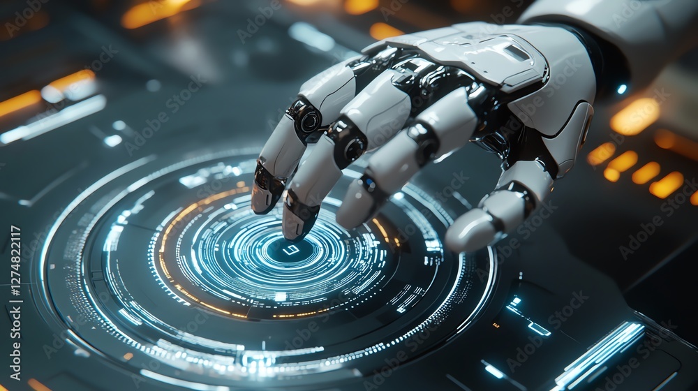 Fototapeta premium A robot activating a virtual button with precision in a digital workspace, showcasing the concept of innovative robotic process automation, clean futuristic design, 3D rendering