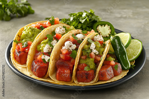 Delicious Al Pastor Tacos with Guacamole and Cotija Cheese