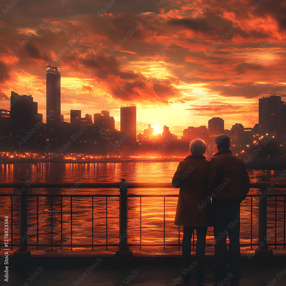 Two elderly figures stand by a railing, overlooking the glowing city skyline during sunset. The sky is ablaze with warm golden tones. Two elderly figures stand by a railing, overlooking the glowing city skyline during sunset. The sky is ablaze with warm golden tones.
