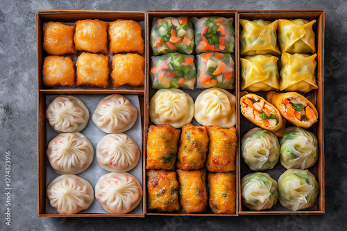 Assortment of Exquisite Dim Sum in Wooden Box