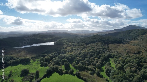 Llyn Geirionydd lies in a valley in North Wales where the northern edge of the Gwydyr Forest meets the lower slopes of the Carneddau mountains. The lake is almost a mile long. photo