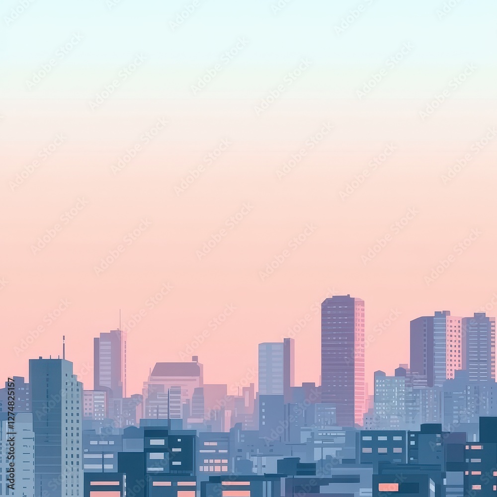 Fototapeta premium Digital cityscape silhouette with a gradient background of pink and blue