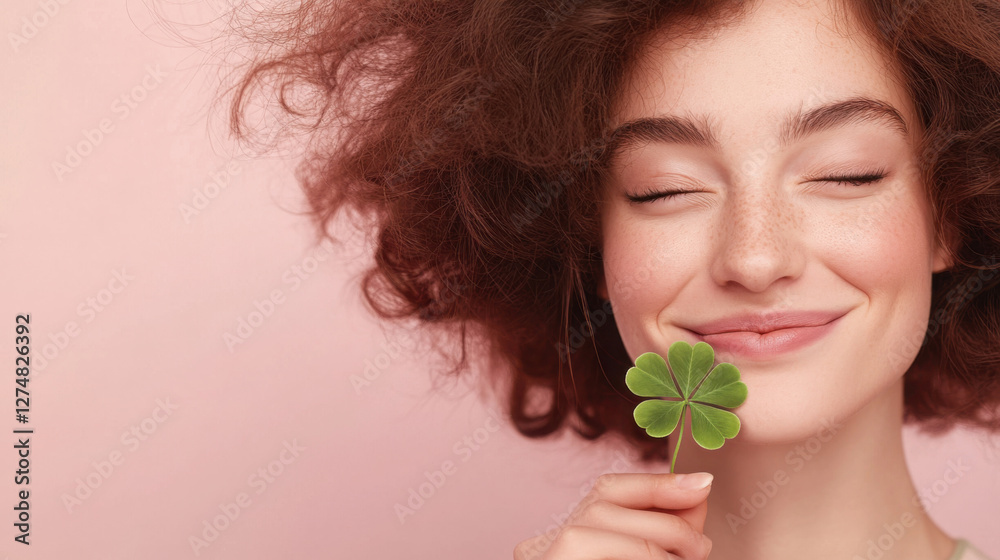 Joyful woman holding a lucky four leaf clover on pink background Joyful woman holding a lucky four leaf clover on pink background