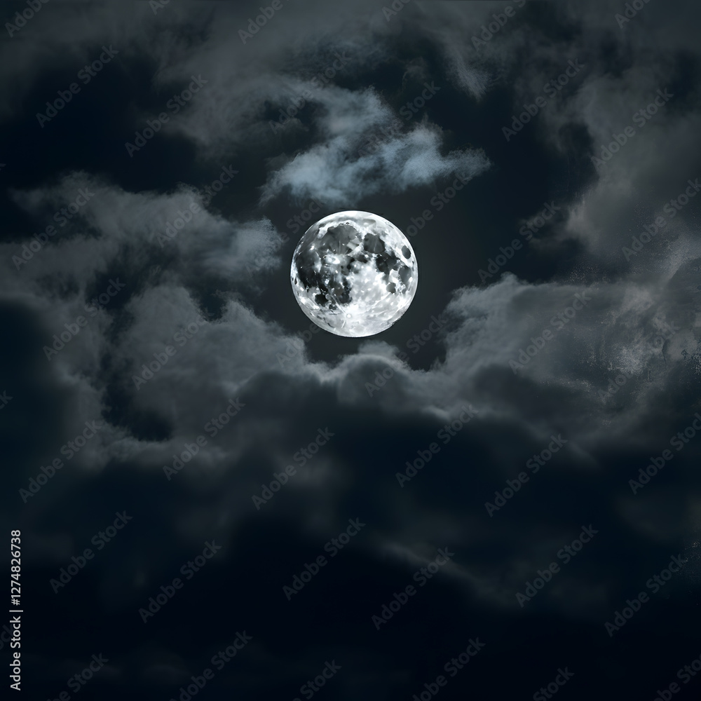 Naklejka premium Bright full moon illuminating swirling dark clouds at night in a moody atmospheric sky
