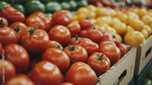 Supermarket display of red, yellow, and green tomatoes photo