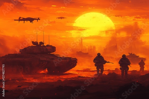 War Concept. Armored vehicles and tanks engaged in battle, with soldiers' silhouettes against a setting sun and a cloudy, foggy war sky. AI Generated.