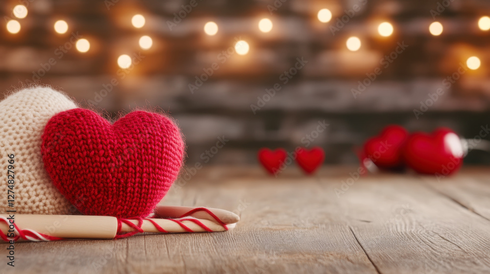 Fototapeta premium Love themed crafts knitting supplies with cozy valentine setup for romantic decor