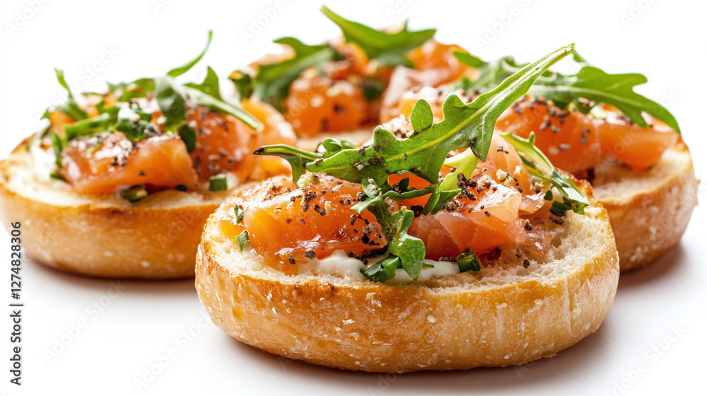Smoked salmon and cream cheese bagel with arugula isolated on white background. Smoked salmon and cream cheese bagel with arugula isolated on white background.