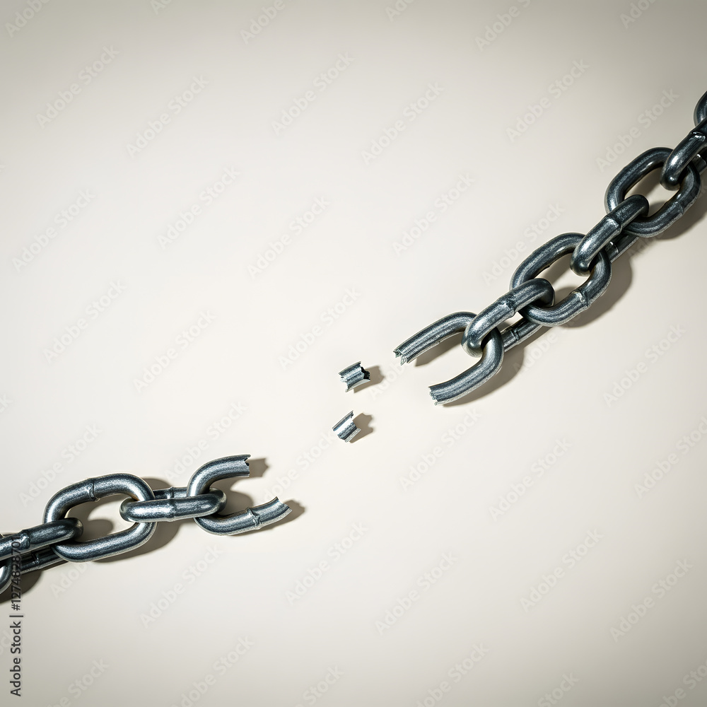 Fototapeta premium Broken metallic chain links suspended with fragments falling symbolizing freedom and breaking boundaries