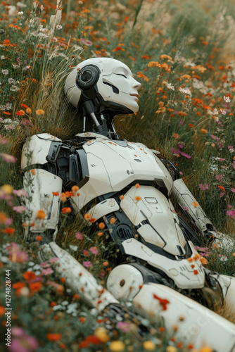 Futuristic android relaxing in a vibrant flower meadow, embracing nature with advanced robotics and natural beauty harmony