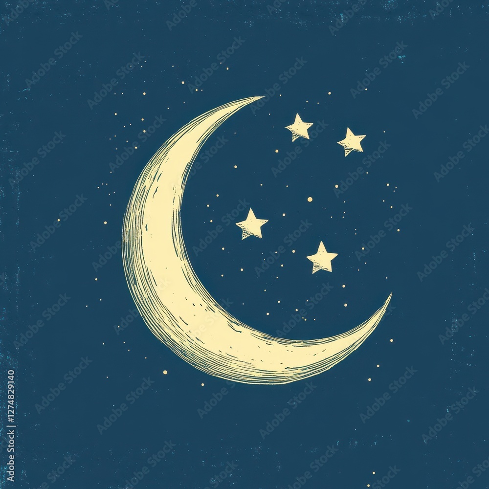 Obraz premium Crescent moon and stars on a dark blue textured background