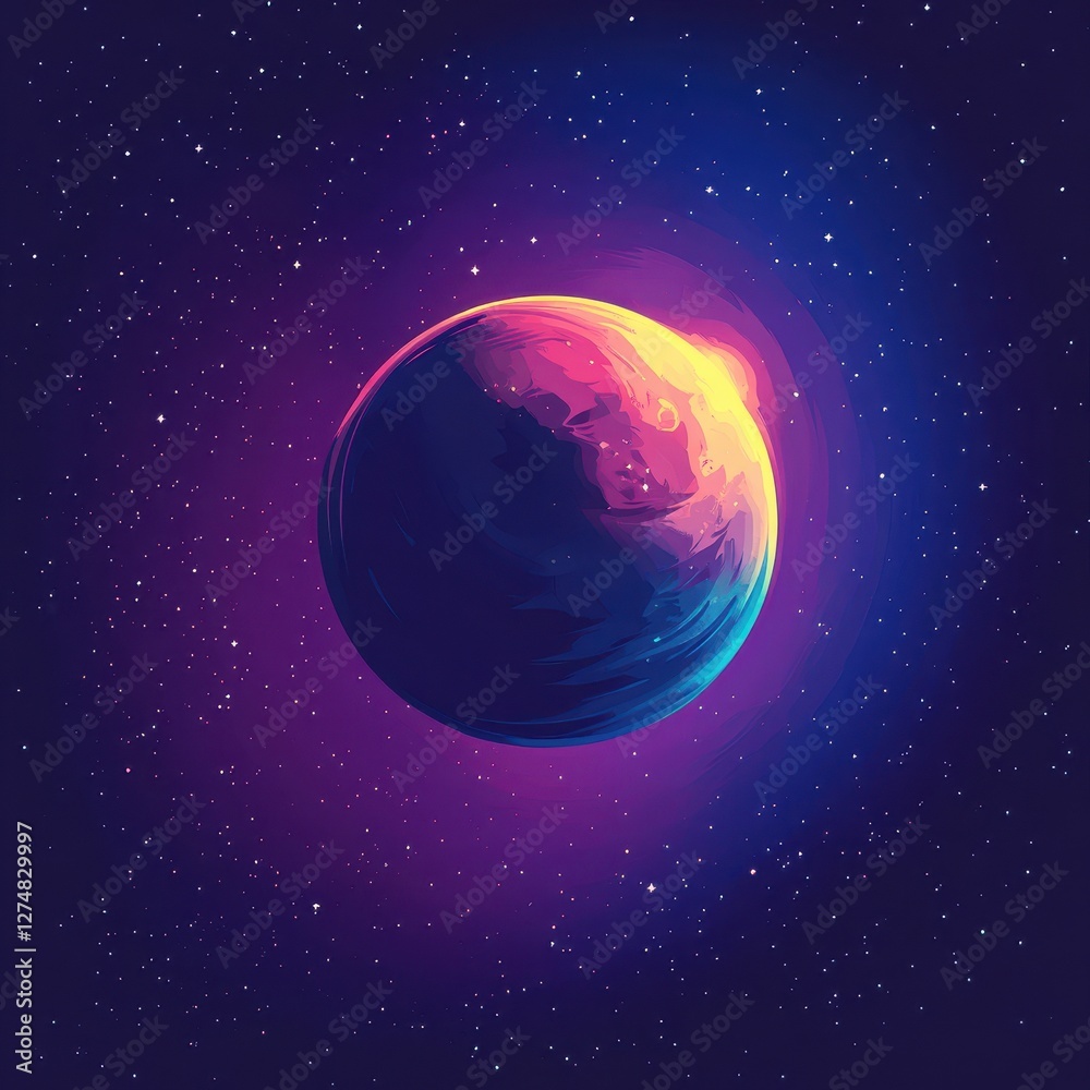 Fototapeta premium Colorful planet dominates a star speckled purple and blue cosmos