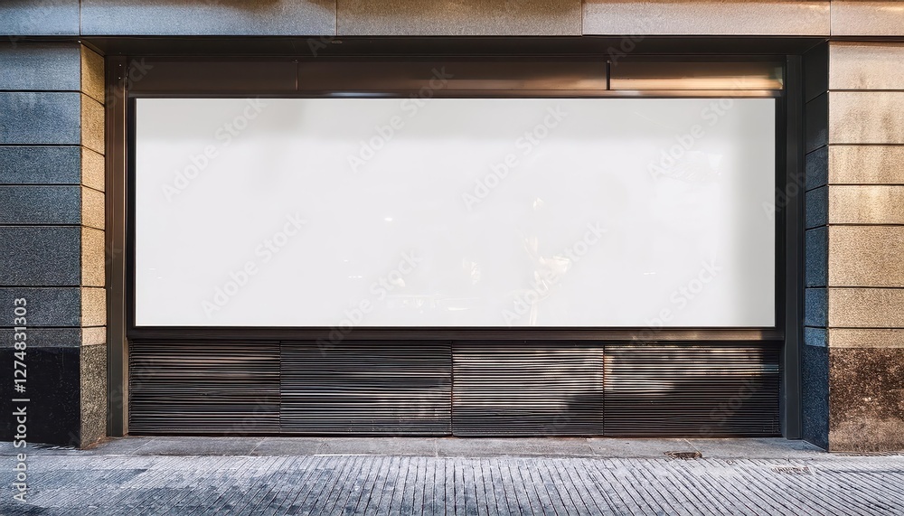 Charming Empty Poster Display in a Modern Urban Storefront, Showcasing a Minimalist Approach to Artistic Expression in a Vibrant Cityscape Backdrop.