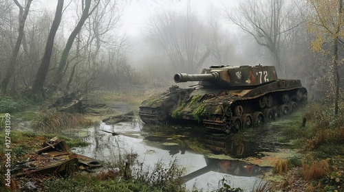In the Enveloping Mist, a Tank Lies Overgrown - Remnants of a Forgotten Military Vehicle