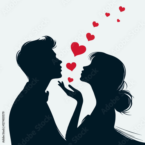 Silhouette of couple blowing red hearts