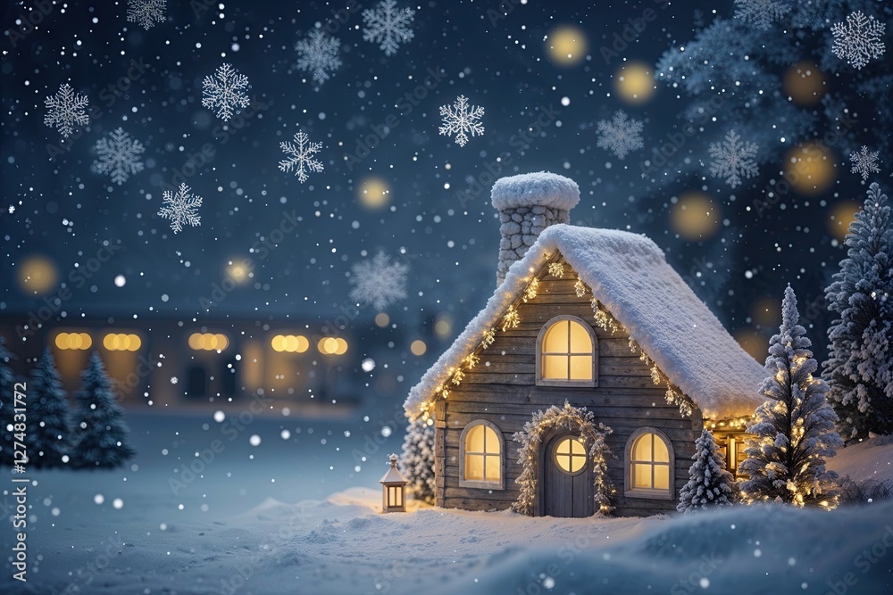 Fototapeta premium Peaceful Winter Scene with Gentle Snowfall and Snowflakes in a Festive Night Atmosphere