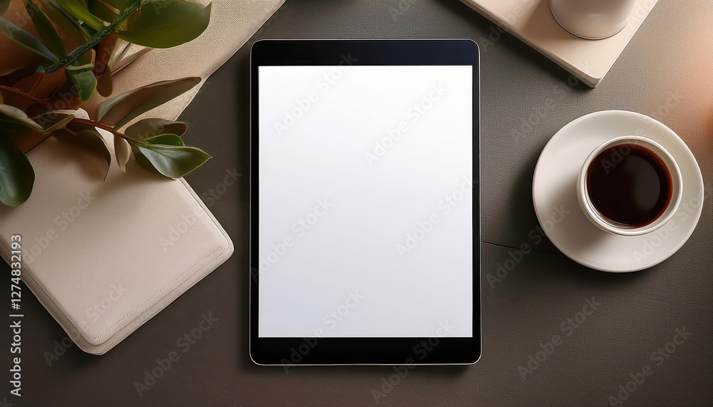 Tablet with White Screen Displaying a Serene Landscape, Perched on a Minimalist Table in a Modern Study, Radiating Tranquility and Technological Elegance Tablet with White Screen Displaying a Serene Landscape, Perched on a Minimalist Table in a Modern Study, Radiating Tranquility and Technological Elegance