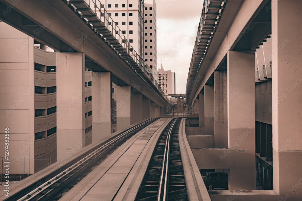 Obraz premium modern building in the city miami downtown train line metro mover 