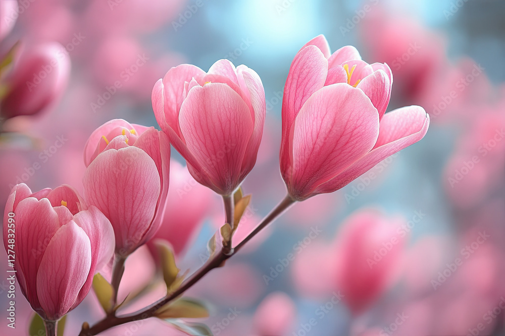 Obraz premium Soft pink petals open under gentle sunlight in a tranquil garden. The blossoms showcase the beauty of nature, marking the arrival of spring with vibrant colors and refreshing fragrances