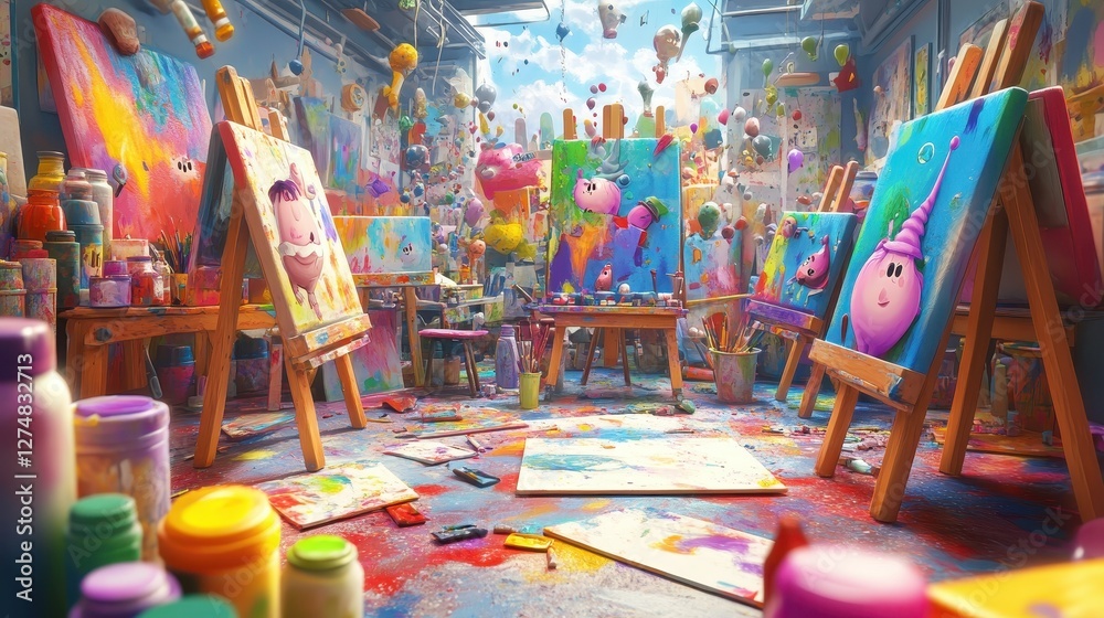 Fototapeta premium A vibrant messy art studio filled with canvases and paintings