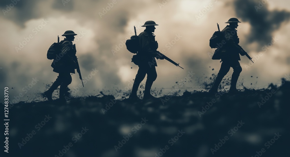 A scene of military figures engaged in combat against a fog-filled war sky, their silhouettes visible beneath a night sky enshrouded in clouds. The action occurs in a destroyed city, with a A scene of military figures engaged in combat against a fog-filled war sky, their silhouettes visible beneath a night sky enshrouded in clouds. The action occurs in a destroyed city, with a