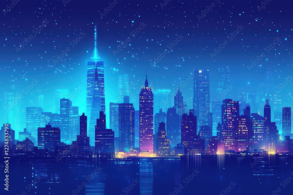 Obraz premium Digitally illustrated cityscape reflecting in dark blue water surface