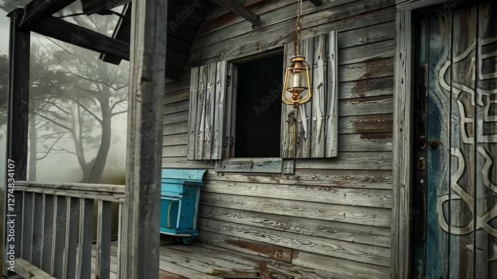 A foggy island hosts a creepy, abandoned pirate cabin; a swinging lantern and strange symbols warn intruders to stay away. A foggy island hosts a creepy, abandoned pirate cabin; a swinging lantern and strange symbols warn intruders to stay away.