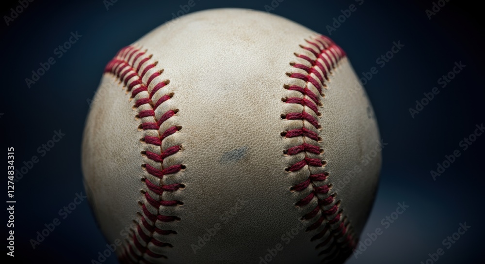 Close-up of a classic baseball with red stitches against dark background Close-up of a classic baseball with red stitches against dark background