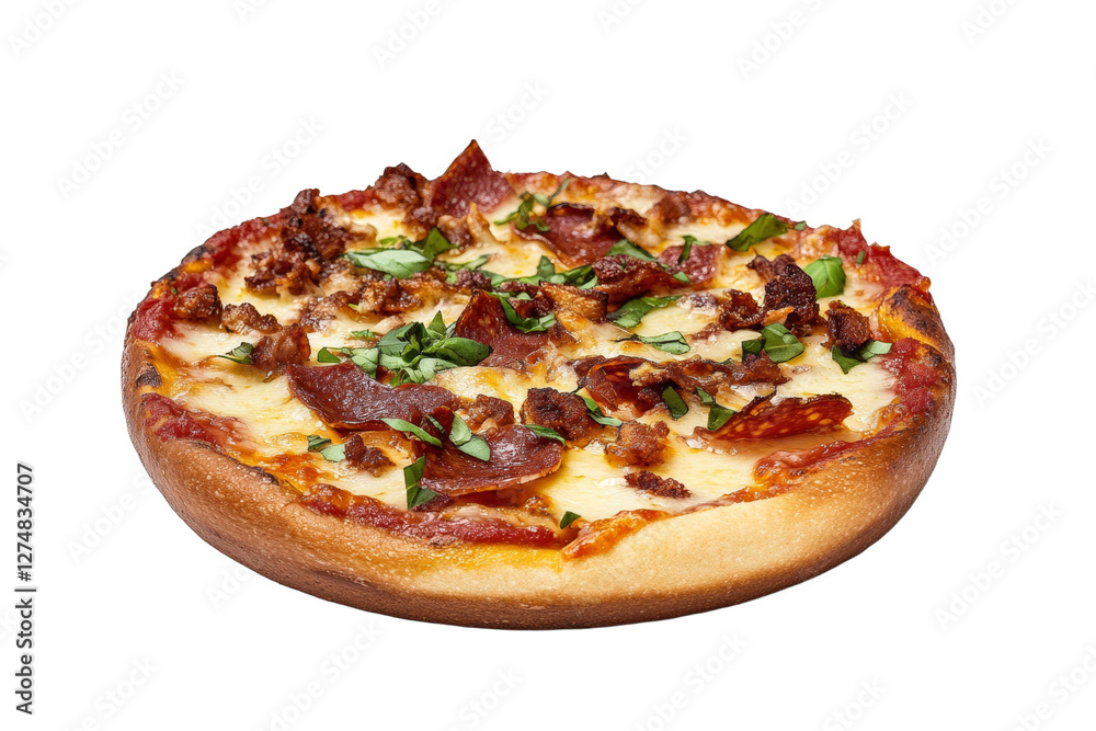 Pizza with pepperoni and cheese on a wooden plate, isolated