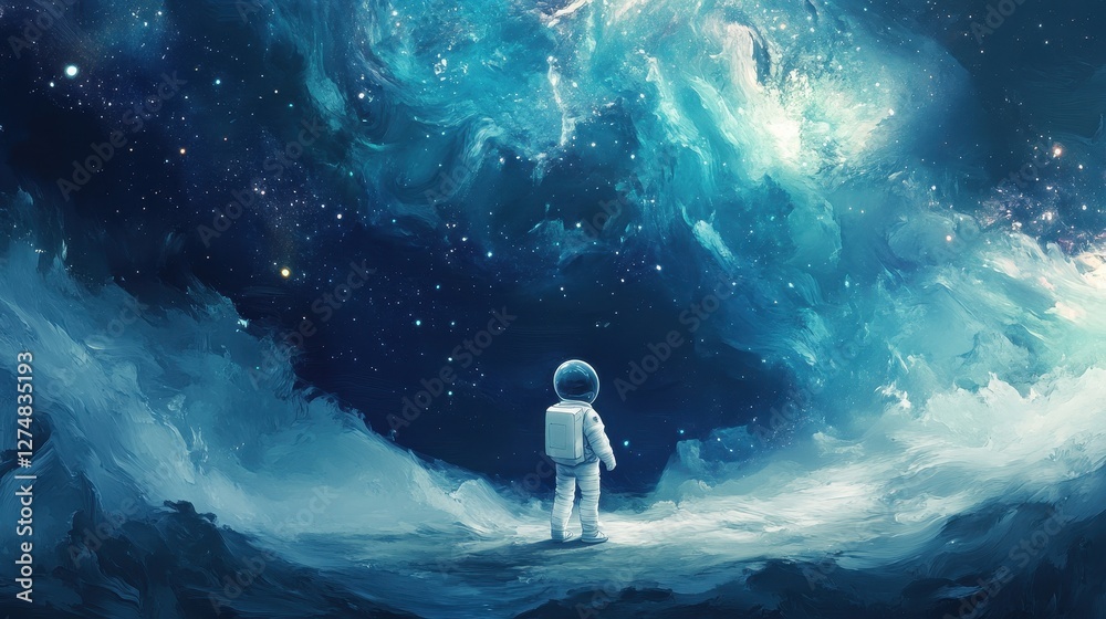 Solitary astronaut gazes at a bright celestial nebula Solitary astronaut gazes at a bright celestial nebula