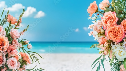 Floral Paradise: A stunning display of pastel-colored roses and assorted blooms frame the scene, overlooking a picturesque tropical beach, inviting a sense of serenity and celebration.