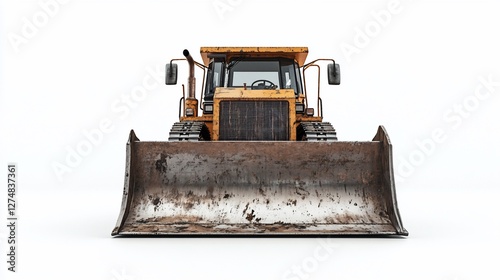 Front view of a yellow bulldozer isolated against a white background