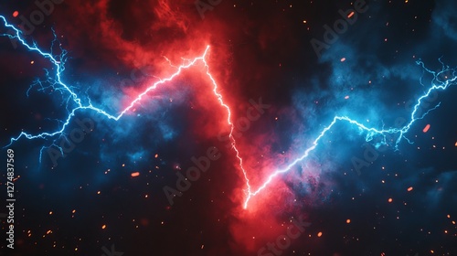 A lightning bolt symbolizes opposition, using red and blue to denote a struggle or confrontation.