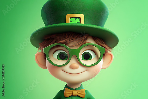 Cheerful child wearing a green leprechaun hat and glasses, smiling against a vibrant green background photo