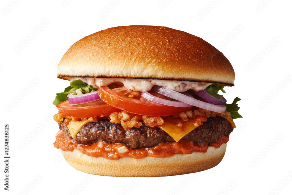 Hamburger with a slice of cheese and onions on top, isolated Hamburger with a slice of cheese and onions on top, isolated