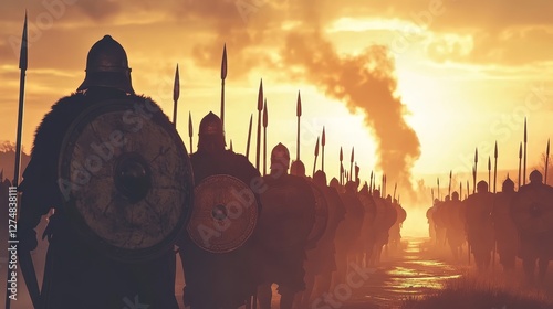 At the break of dawn, soldiers trudge through a misty battlefield, their forms prominently displayed against the radiant sunrise and an overcast sky tinged with smoke. Stock.