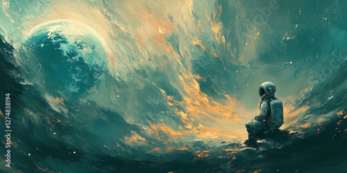 Contemplative astronaut sits before a celestial sky and planet