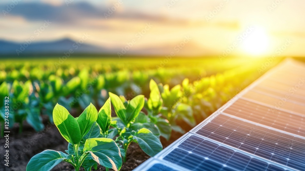 Fototapeta premium Solar Panels Powering Green Crops at Sunset