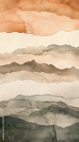Watercolor painting depicts a serene landscape with layered mountain ranges