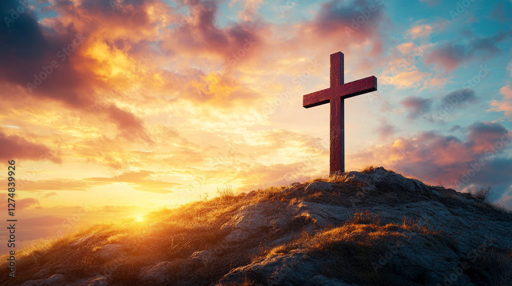 A shining cross on Calvary hill at sunrise or sunset with a vibrant sky, symbolizing the resurrection and faith in Jesus Christ. Ascension Day A shining cross on Calvary hill at sunrise or sunset with a vibrant sky, symbolizing the resurrection and faith in Jesus Christ. Ascension Day