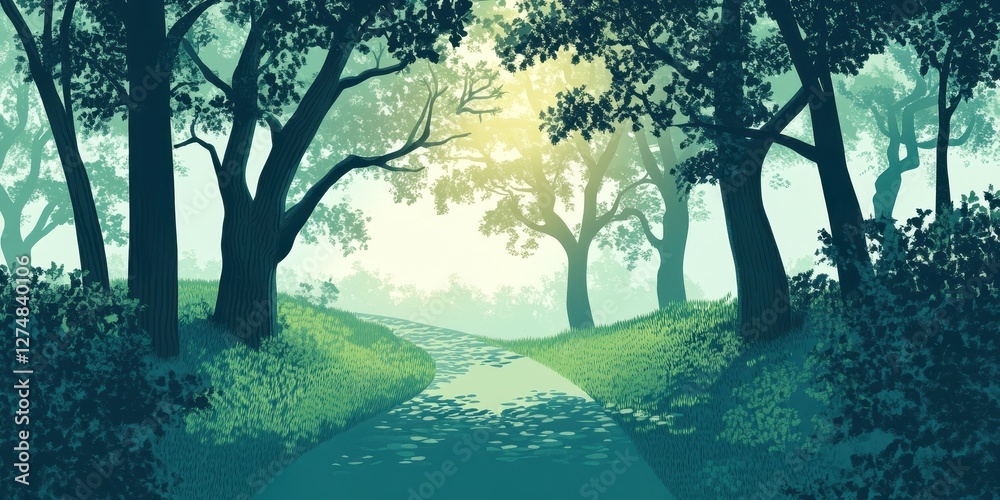 Fototapeta premium Winding path leads through a luminous and misty forest