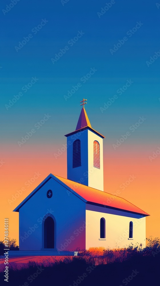 Simple white church stands tall against a colorful sky Simple white church stands tall against a colorful sky
